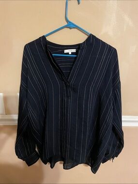 Vince Navy Pinstripe Split-Neck Blouse